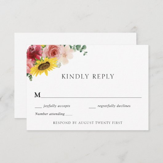 ひまわり素朴とバラRSVPエンクロージャカード 招待状 (正面/裏面)