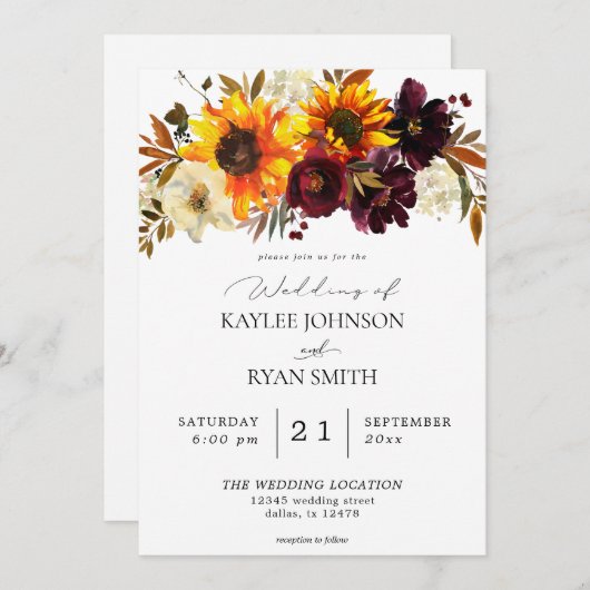 ひまわり素朴とブルゴーニュ、パープルフローラズ結婚 招待状 (正面/裏面)