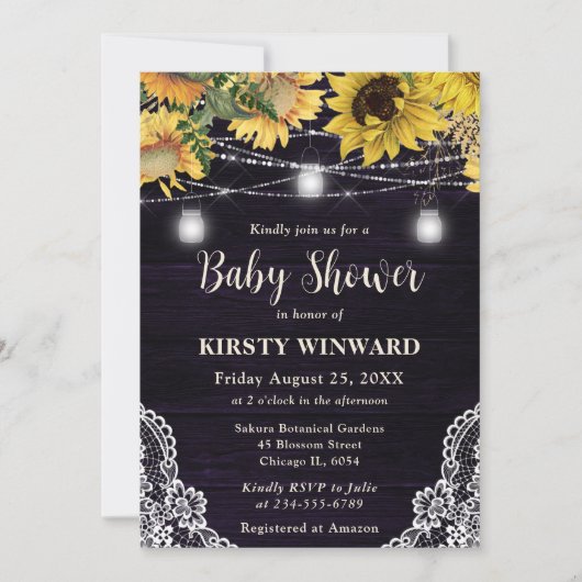 ひまわり素朴とメイソンの瓶ライト赤ちゃんシャワー 招待状 (正面)