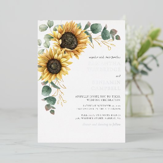 ひまわり素朴とユ結婚ーカリ銀 箔招待状 (立ち正面)