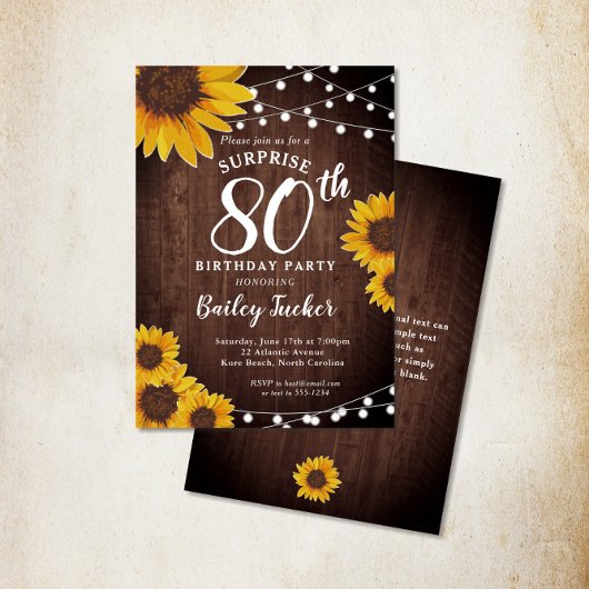 ひまわり素朴とライトサプライズ80誕生日 招待状