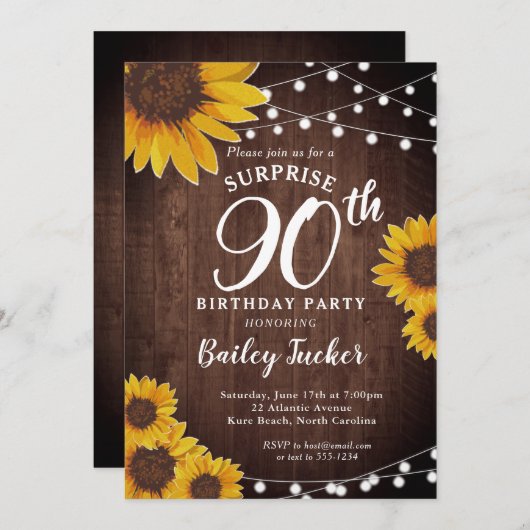 ひまわり素朴とライトサプライズ90誕生日 招待状 (正面/裏面)
