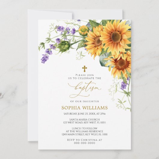 ひまわり素朴とラバンダーバプテスマ招待状 招待状 (正面)