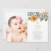 ひまわり素朴とラバンダー写真バプテスマ 招待状 (正面)