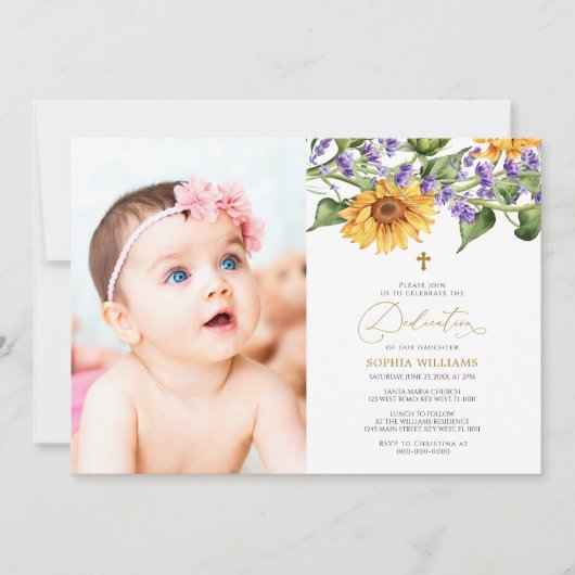 ひまわり素朴とラバンダー写真献身 招待状 (正面)