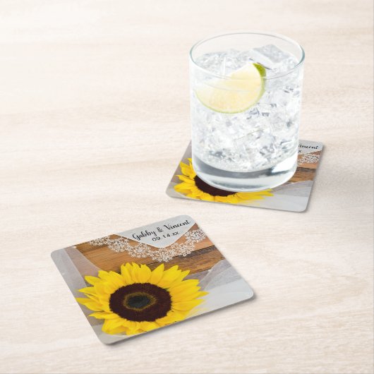ひまわり素朴とレースの国の結婚式 スクエアペーパーコースター (インサイチュ)