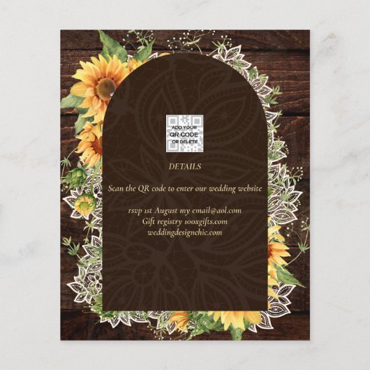 ひまわり素朴とレースの結婚式の日付を保存 (裏面)