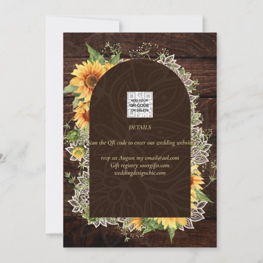 ひまわり素朴とレースの結婚式の日付を保存 招待状 (裏面)