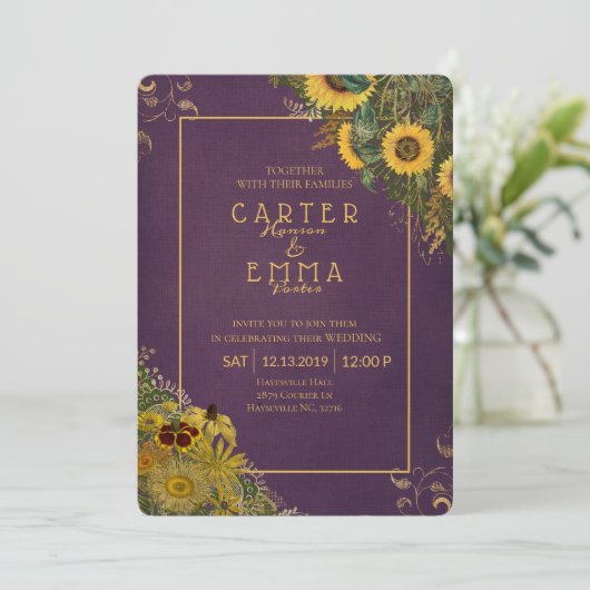 ひまわり素朴とレース紫の田舎結婚式 招待状 (スタンド正面)