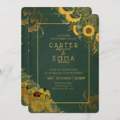 ひまわり素朴とレース緑の田舎結婚式 招待状 (正面/裏面)