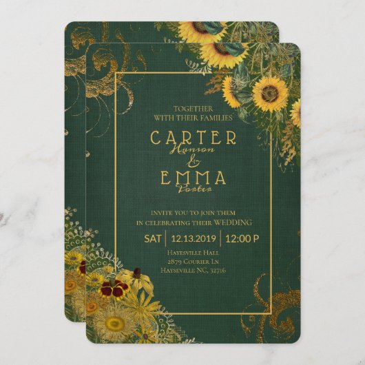 ひまわり素朴とレース緑の田舎結婚式 招待状 (正面/裏面)