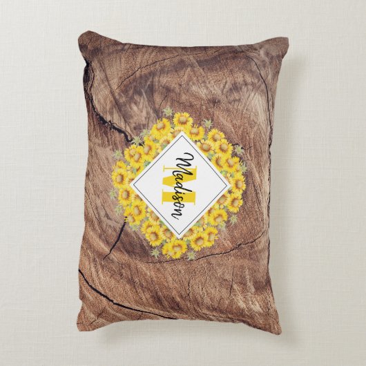 ひまわり素朴と木のテクスチャモノグラム アクセントクッション (裏面(縦))