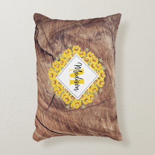 ひまわり素朴と木のテクスチャモノグラム アクセントクッション (正面(垂直))