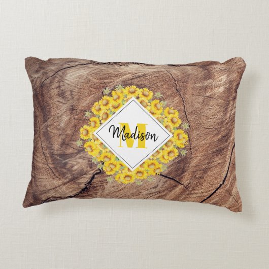 ひまわり素朴と木のテクスチャモノグラム アクセントクッション (裏面)