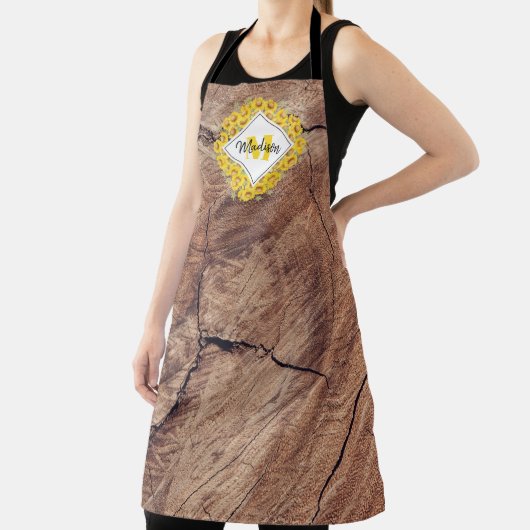 ひまわり素朴と木のテクスチャモノグラム エプロン (インサイチュ)
