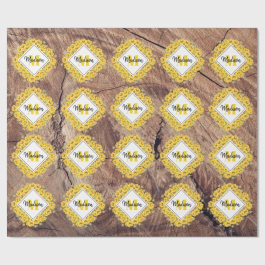 ひまわり素朴と木のテクスチャモノグラム ラッピングペーパー (フラット)