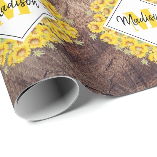 ひまわり素朴と木のテクスチャモノグラム ラッピングペーパー (ロールコーナー)