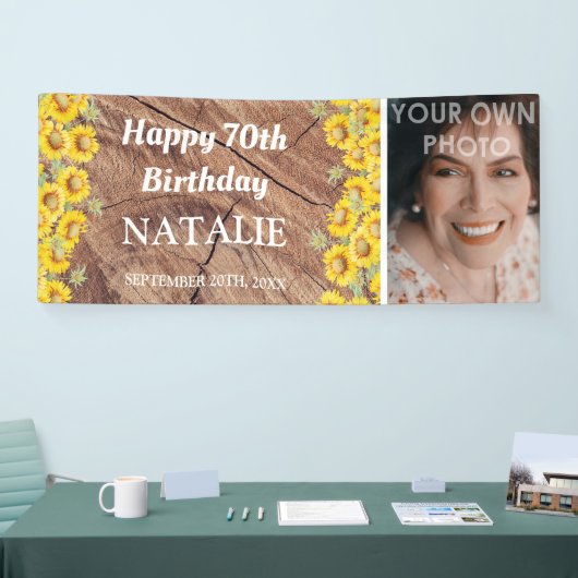 ひまわり素朴と木のテクスチャ誕生日 横断幕 (トレードショー)
