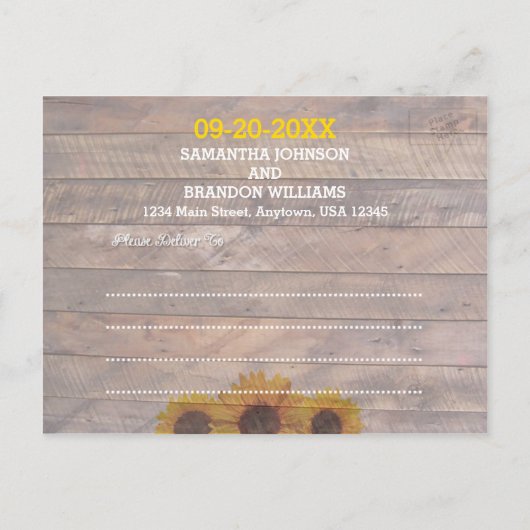 ひまわり素朴と木の結婚式の日付保存 案内ポストカード (裏面)