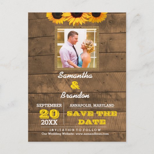 ひまわり素朴と木の結婚式の日付保存 案内ポストカード (正面)