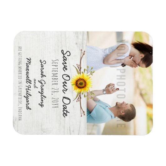 ひまわり素朴と木の農場の結婚式の日付を保存 マグネット (横)