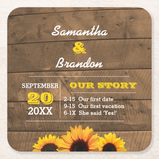 ひまわり素朴と木パーソナライズされた結婚の スクエアペーパーコースター (正面)