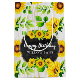 ひまわり素朴と木柄パーティー名前をカスタムする ミディアムペーパーバッグ