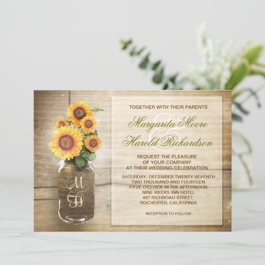 ひまわり素朴なメイソンの瓶かわいい結婚式招待状 招待状 (スタンド正面)