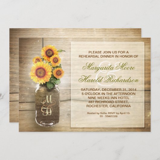 ひまわり素朴なメイソンジャールのリハーサルのディナー招待状 招待状 (正面/裏面)