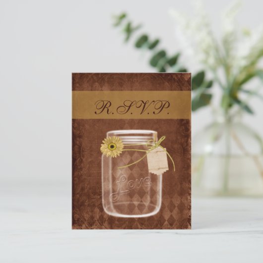 ひまわり素朴なメイソンジャー結婚式rsvp インビテーションポストカード (スタンド正面)