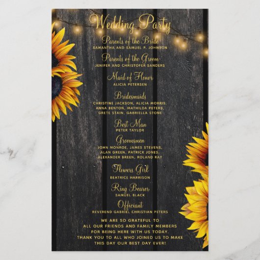 ひまわり素朴な木の金ゴールドスクリプト結婚式プログラム (裏面)