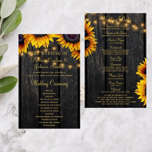 ひまわり素朴な木の金ゴールドスクリプト結婚式プログラム