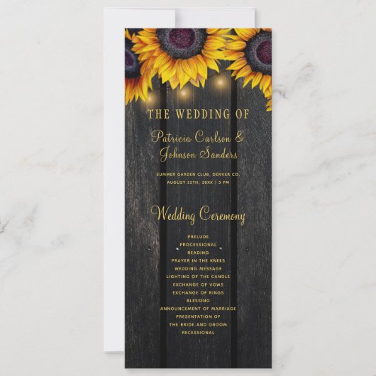 ひまわり素朴な木の金ゴールドスクリプト結婚式プログラム 招待状 (正面)