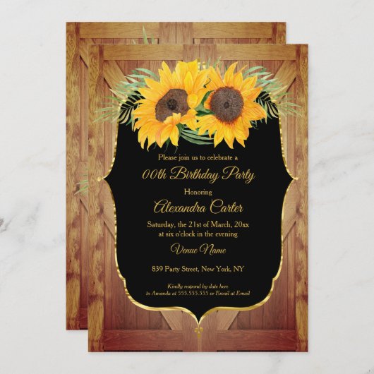 ひまわり素朴な納屋のドアブラック金ゴールドパーティー 招待状 (正面/裏面)