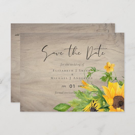 ひまわり素朴のウッドランドウェディング日付を保存 ポストカード (正面/裏面)