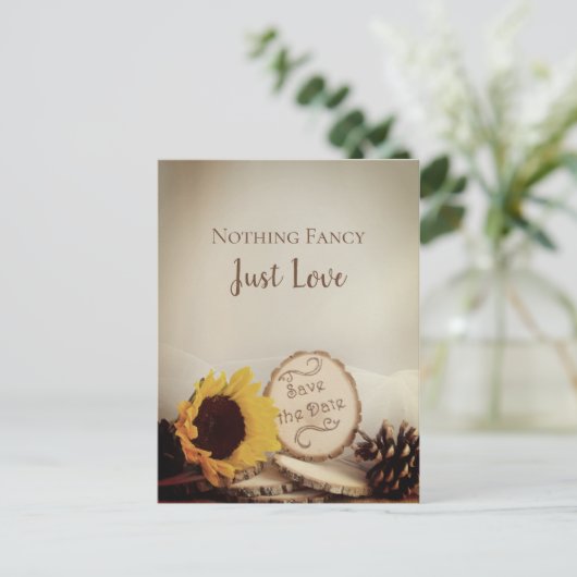 ひまわり素朴のウッドランドウェディング日付を保存 案内ポストカード (スタンド正面)