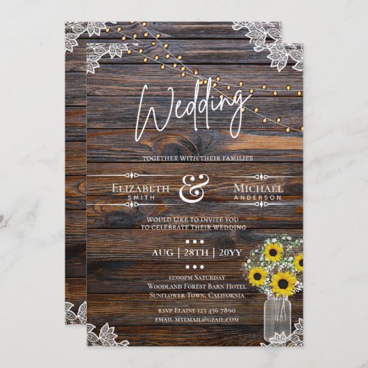ひまわり素朴のストリングライトライト招待状ウェディング (正面/裏面)