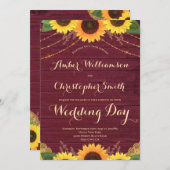 ひまわり素朴のバーガンディーのストリングラ結婚イト 招待状 (正面/裏面)