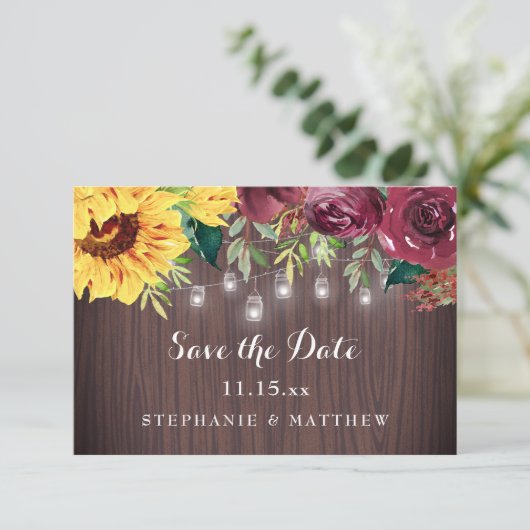 ひまわり素朴のメイソンの瓶が木の光を結婚照らす セーブザデート (スタンド正面)