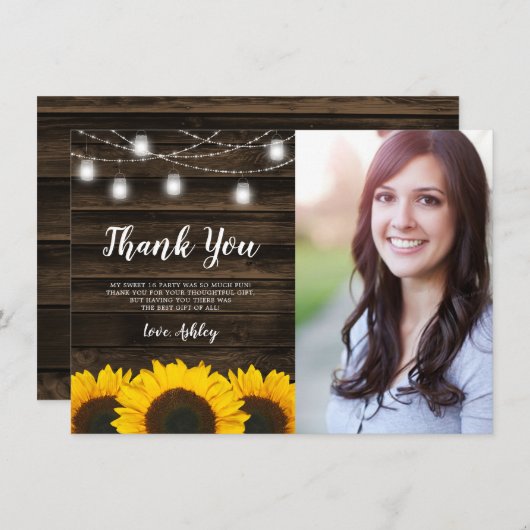 ひまわり素朴のメイソンの瓶のライト甘い16写真 サンキューカード (正面/裏面)