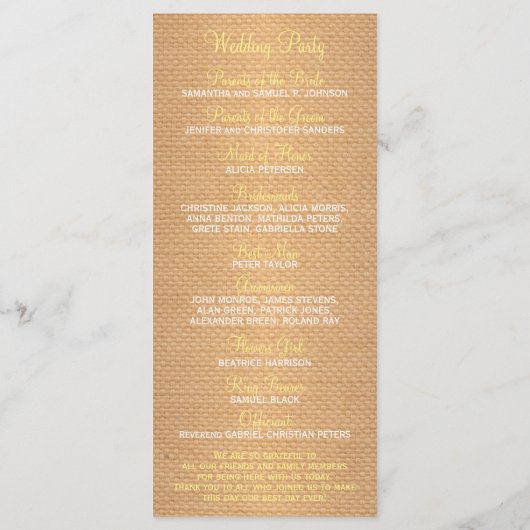 ひまわり素朴のラップとレースのウェディングプログラム プログラム (裏面)