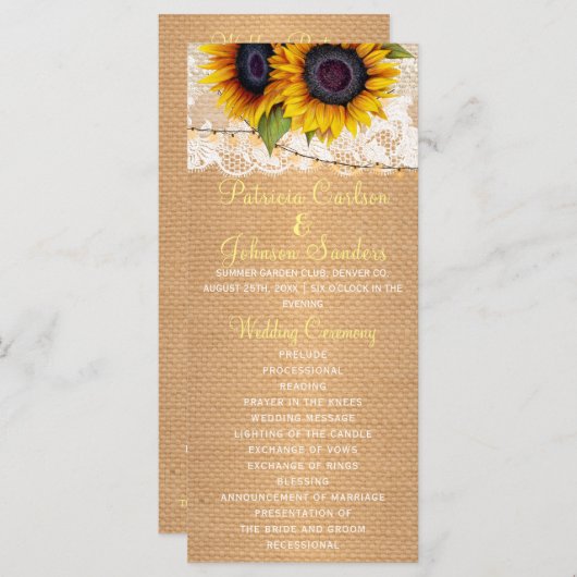 ひまわり素朴のラップとレースのウェディングプログラム プログラム (正面/裏面)