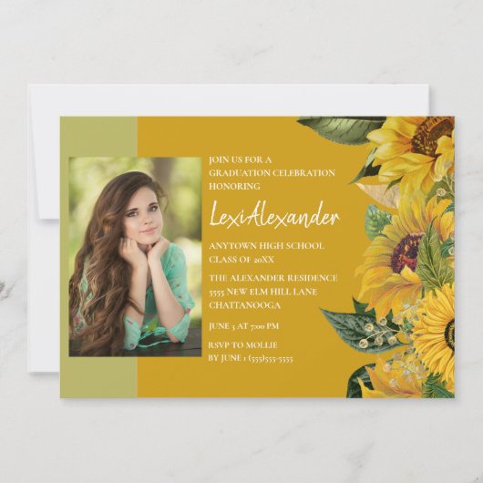 ひまわり素朴の卒業式パーティーガール写真 招待状 (正面)