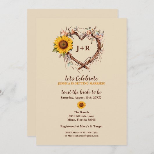 ひまわり素朴の国ブライダルシャワーへの招待 招待状 (正面/裏面)
