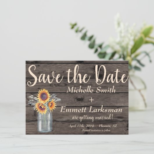 ひまわり素朴の国ヴィンテージ木材の保存日付 招待状 (スタンド正面)