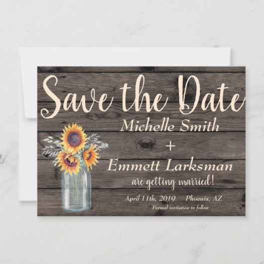 ひまわり素朴の国ヴィンテージ木材の保存日付 招待状 (正面)