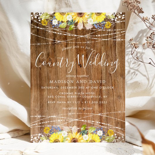 ひまわり素朴の文字列ライトカントリーウェディング 招待状