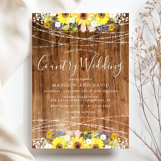 ひまわり素朴の文字列ライトカントリーウェディング 招待状