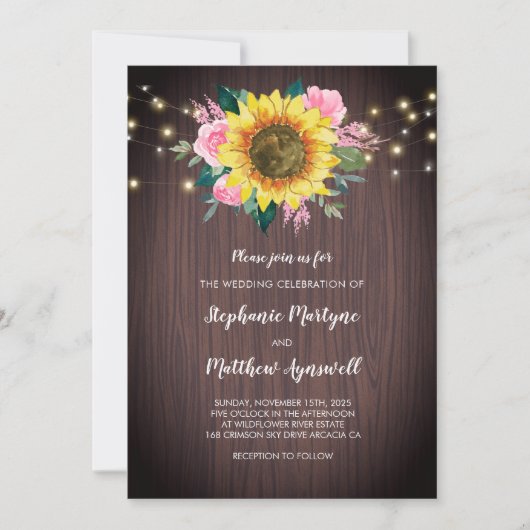 ひまわり素朴の木がピンクのフローラの結婚光 招待状 (正面)