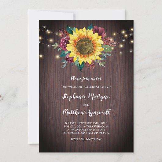 ひまわり素朴の木がフローラの光を結婚当てる 招待状 (正面)